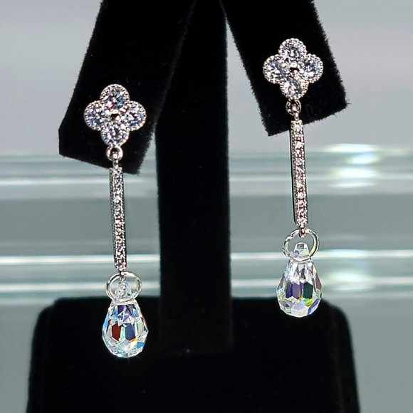 Silver Plated Crystal Clover Drop Earrings Made with Swarovski Crystal Pendant - Picture 1 of 6
